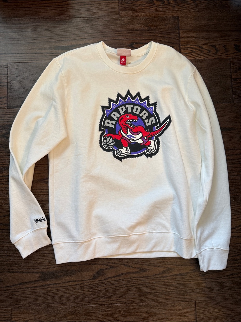 Mitchell & Ness White Toronto Raptors Crewneck with Red & Purple Logo